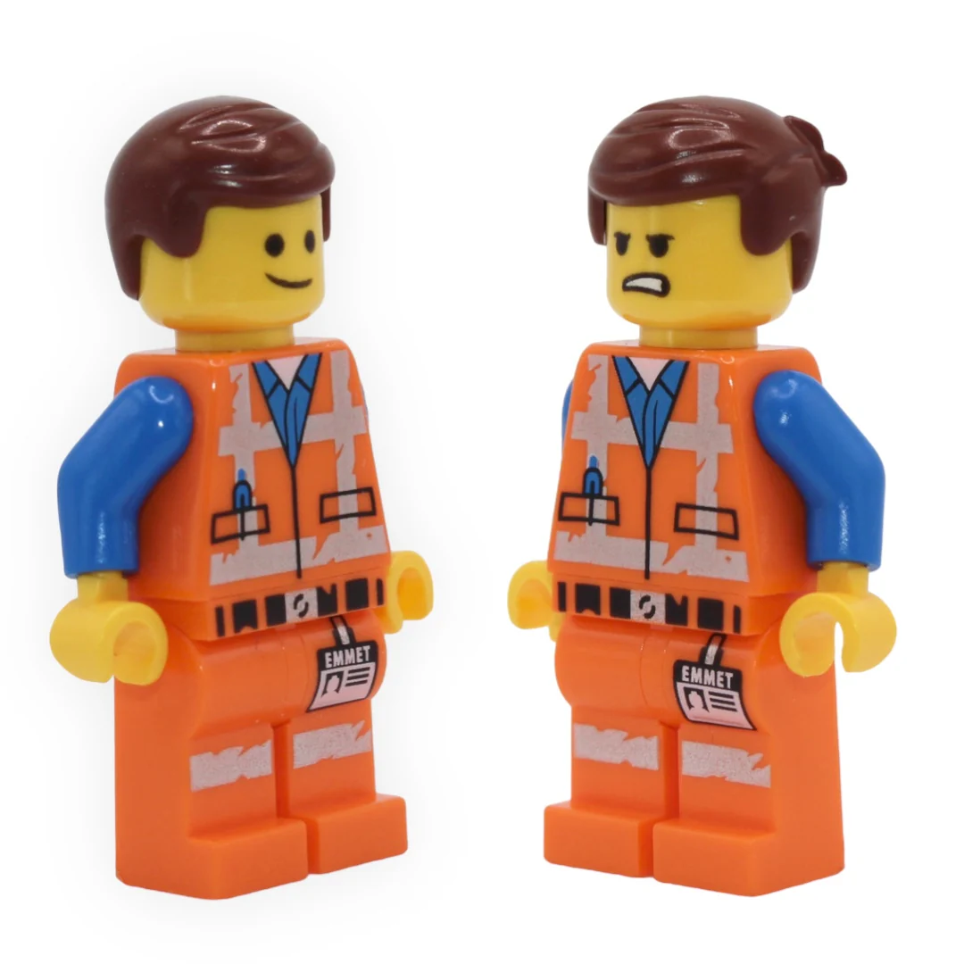 Emmet (lopsided smile / clenched teeth angry, worn uniform)