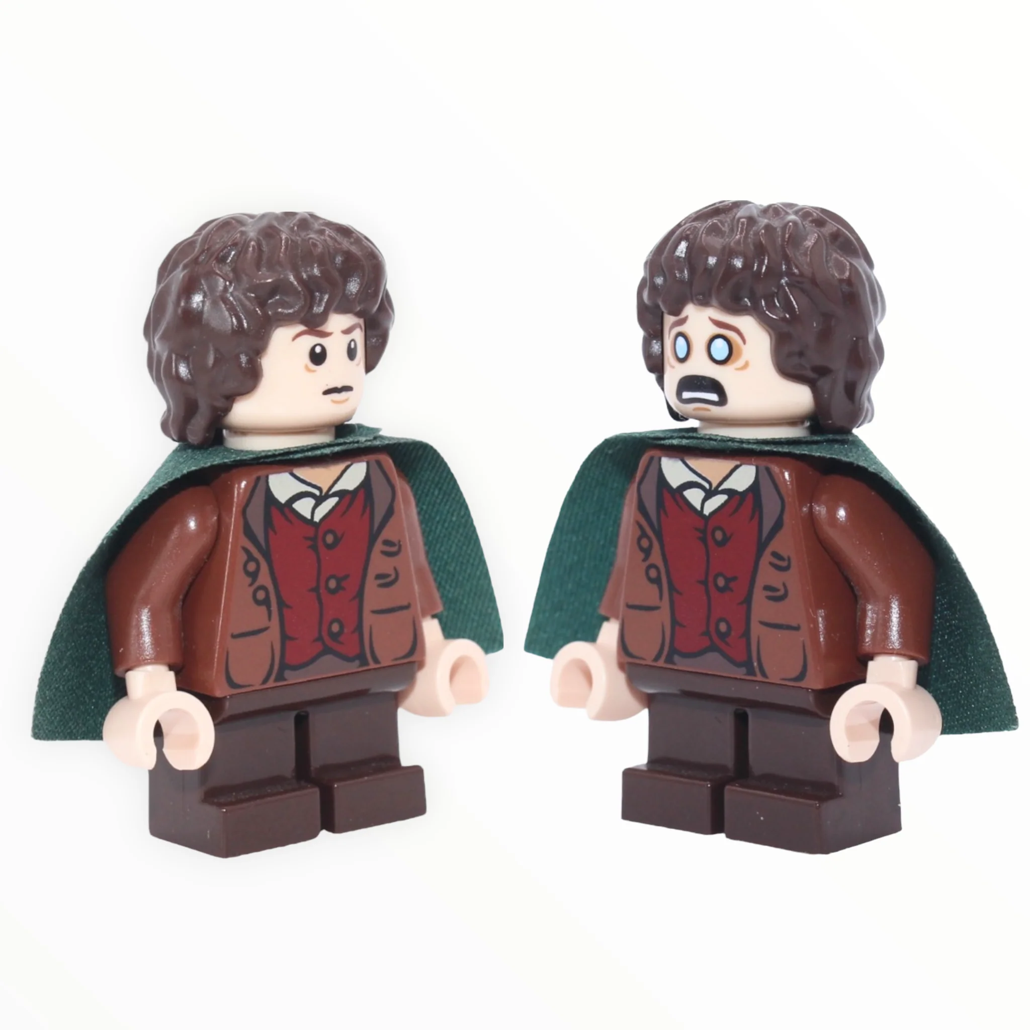 Frodo Baggins (reddish brown jacket, dark brown short legs, dark green cape, tired / poisoned)