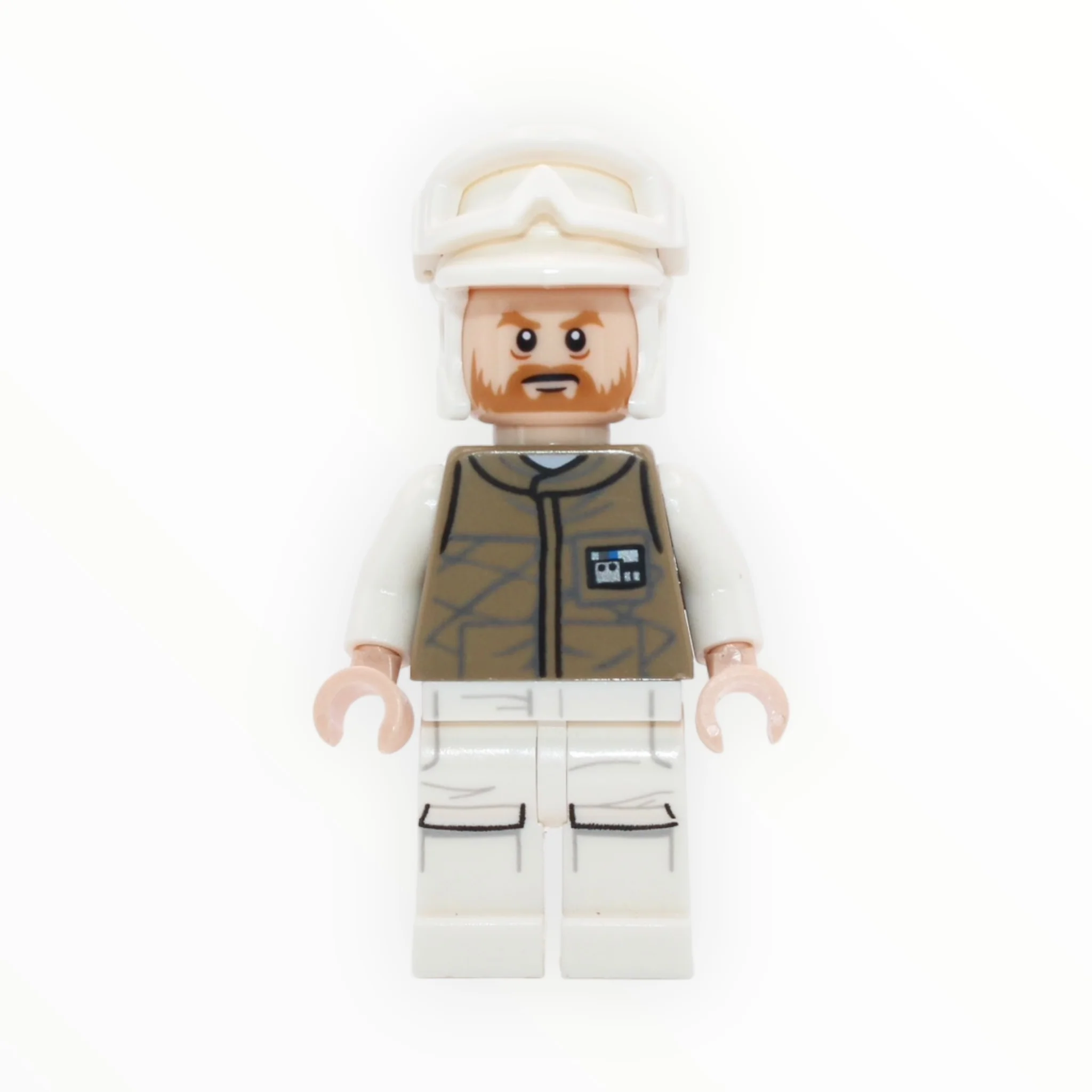Hoth Rebel Trooper (dark tan uniform, white hat, brown beard, printed white legs, 2016)