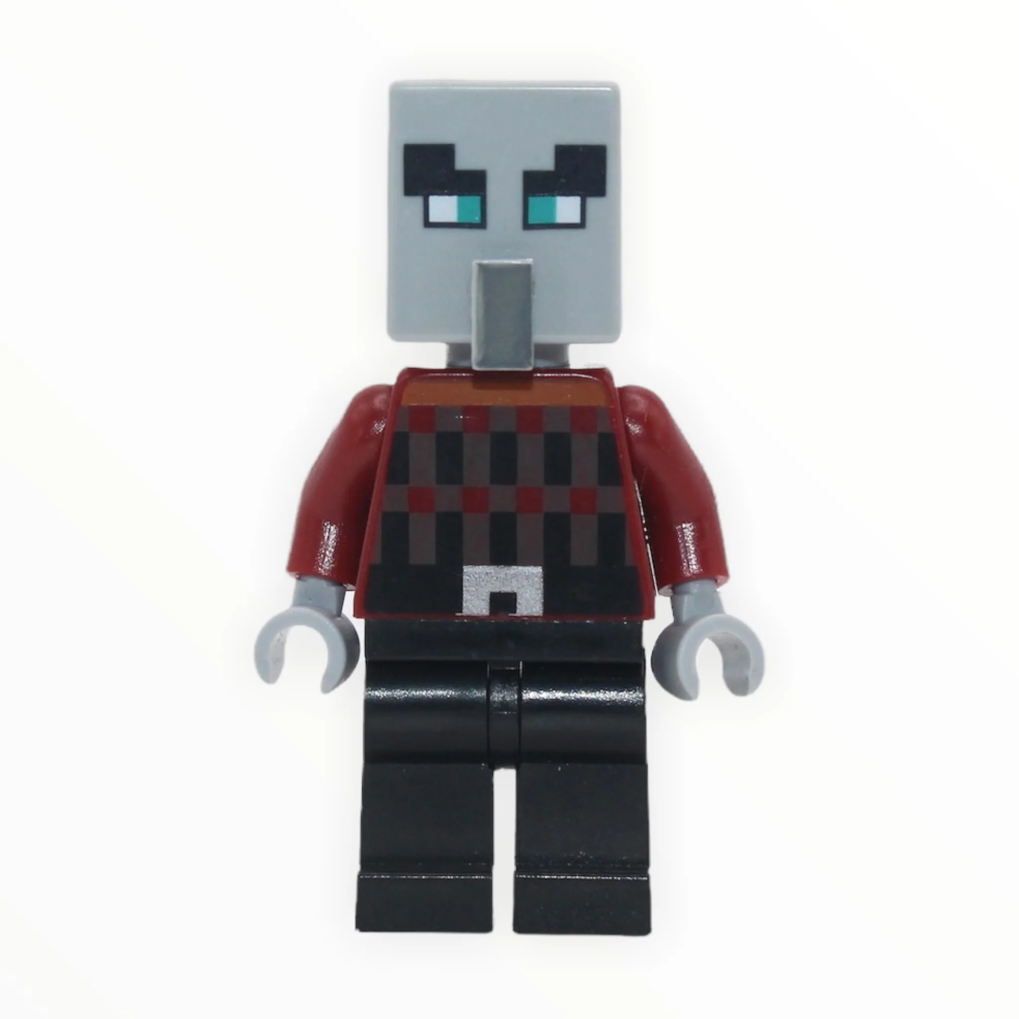 Minecraft Illager (dark red torso, black legs, wide eyes)
