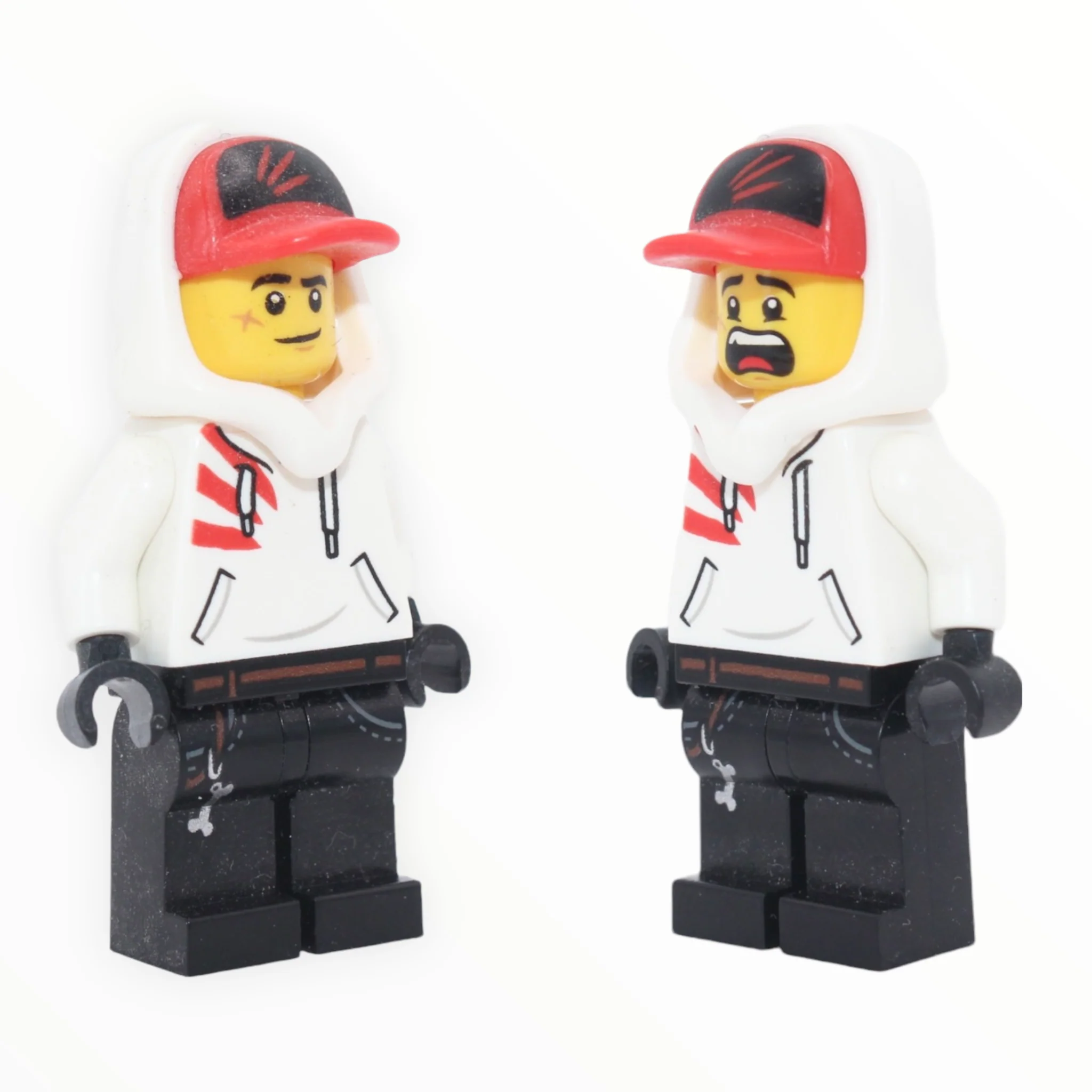 Jack Davids (white hoodie, cap, lopsided smile / scared)