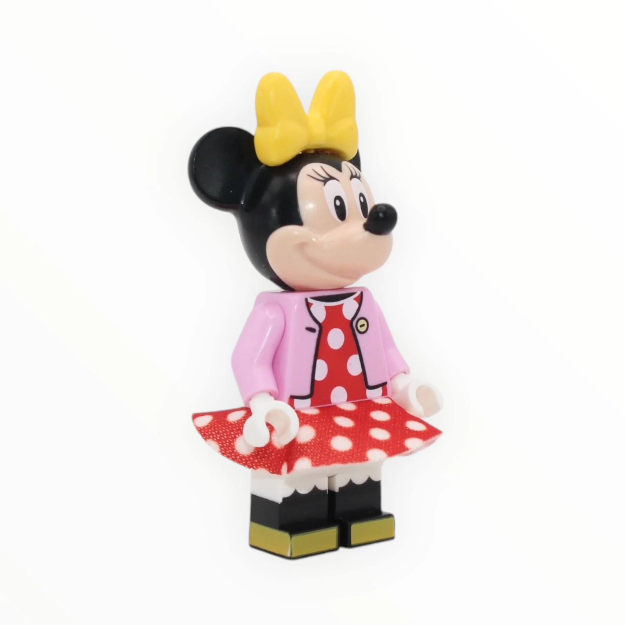 Minnie Mouse (bright pink jacket, polka dot dress, yellow bow)