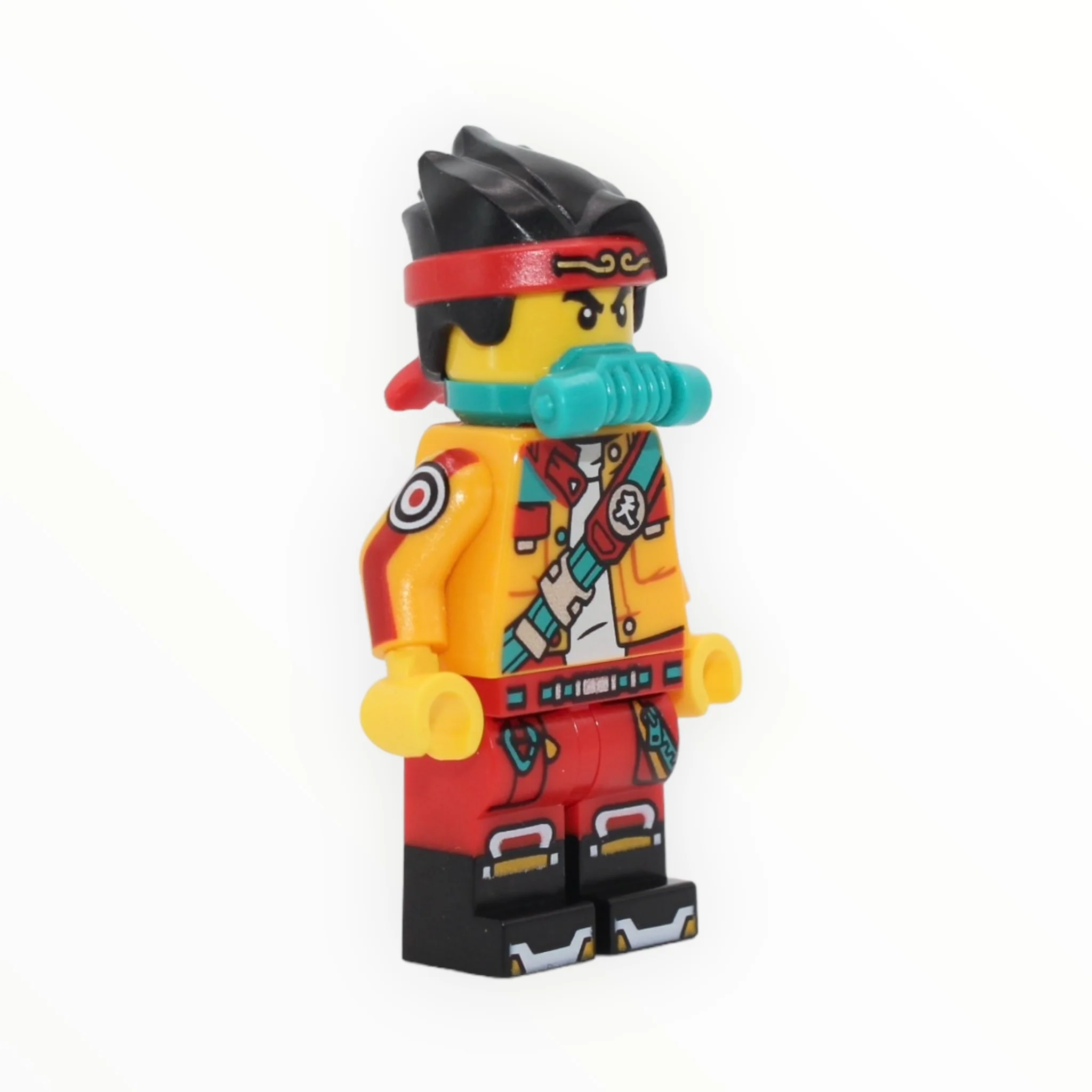 Monkie Kid (bright light orange jacket with strap, dark turquoise breathing mask, 2022)